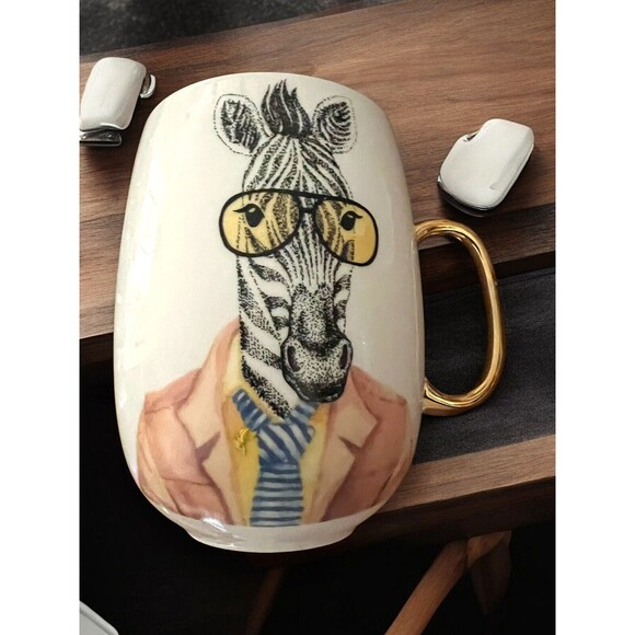 Pier 1 Executive Zebra Coffee Mug Gold Handle Oversized Business Suit & Tie Cute - Picture 7 of 7